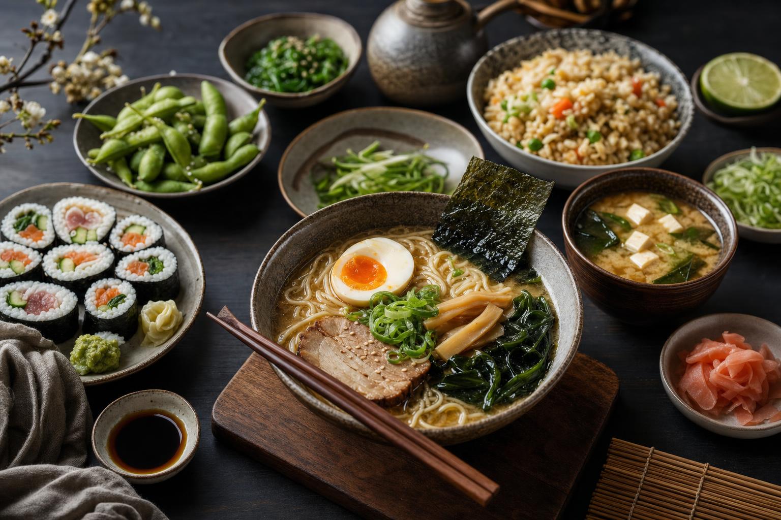 Verschiedene japanische Gerichte wie Ramen, Sushi, Misosuppe, gebratener Reis und Algensalat auf einem Holztisch mit Stäbchen.