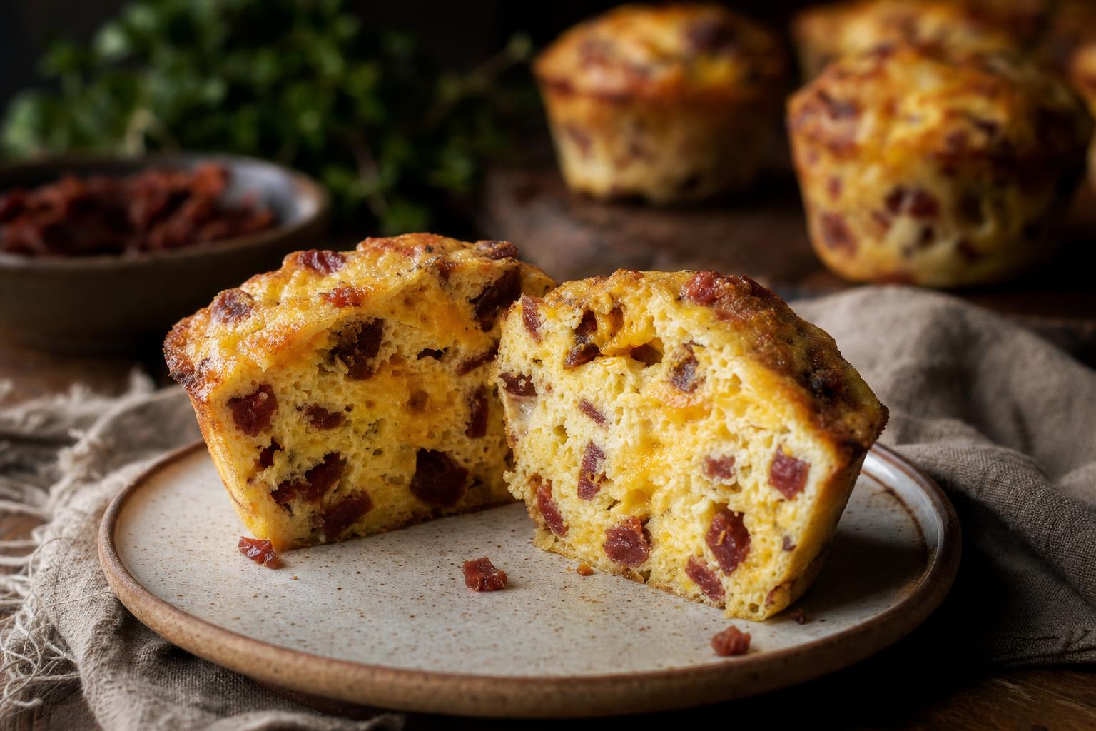 Jerky Muffins Airfryer – Querschnitt eines herzhaften Eiermuffins mit sichtbaren Trockenfleischstücken und geschmolzenem Käse, warm ausgeleuchtet