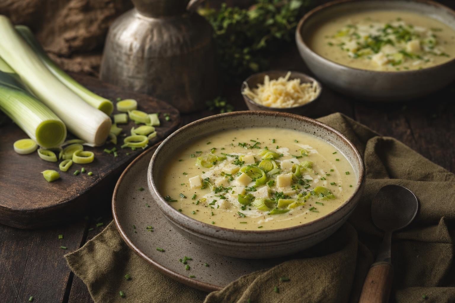 Zwei Schalen cremige Käse-Lauch-Suppe mit Kräutern und Käsewürfeln, daneben frischer Lauch und geriebener Käse auf dunklem Holz.