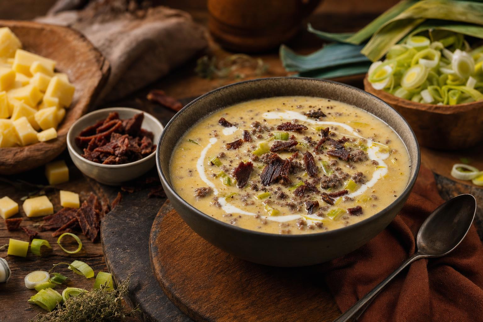 Schale mit cremiger Käse-Lauch-Suppe, garniert mit Sahne und Hackfleisch, umgeben von Lauch, Frühlingszwiebeln und Käsewürfeln.