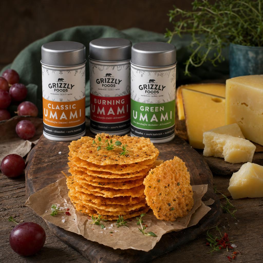 Ein Stapel goldbrauner Käsechips mit Kräutern und Salz, daneben Stücke von Gouda und Parmesan sowie frische rote Weintrauben.