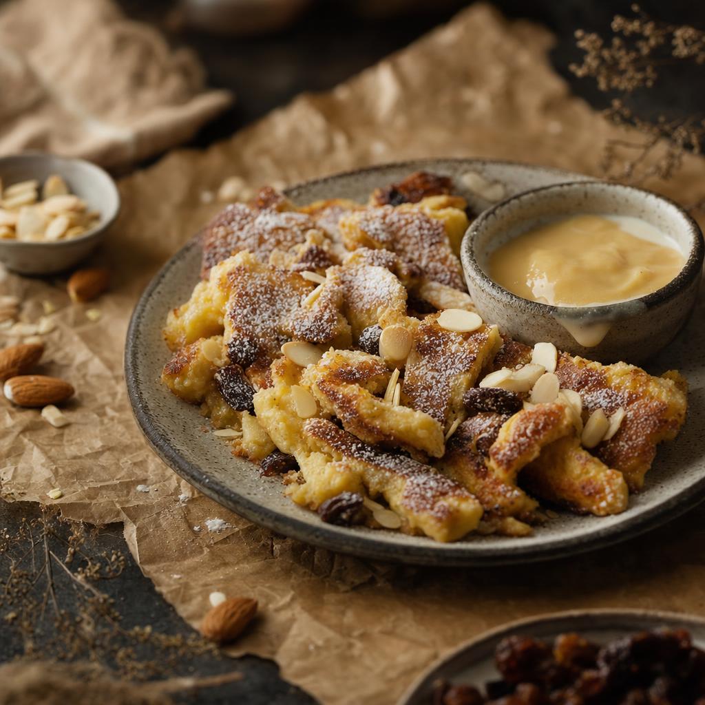 Gabel mit Kaiserschmarrn-Stück, in Vanillesoße getaucht, auf braunem Papier mit Mandeln und Puderzucker, Teller im Hintergrund.