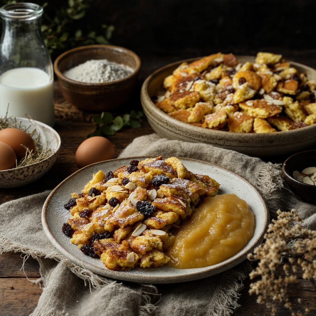 Kaiserschmarrn mit Rosinen und Mandeln auf einem Teller, dazu Apfelmus; daneben Backzutaten wie Milch, Mehl und ein Schneebesen.