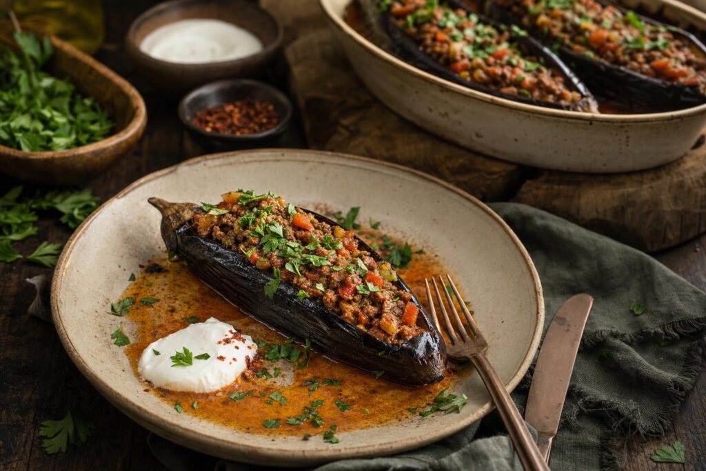 Gefüllte Auberginenhälften mit Hackfleisch-Tomaten-Füllung auf schwarzem Teller, daneben Auflaufform mit weiteren Portionen in Tomatensauce.