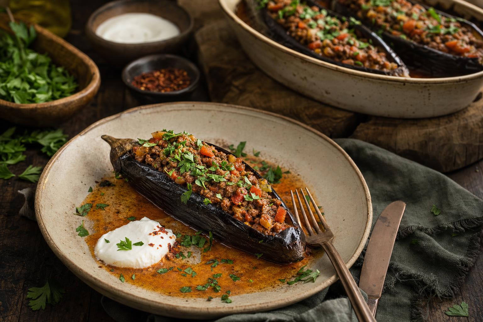 Gefüllte Auberginenhälften mit Hackfleisch-Tomaten-Füllung auf schwarzem Teller, daneben Auflaufform mit weiteren Portionen in Tomatensauce.