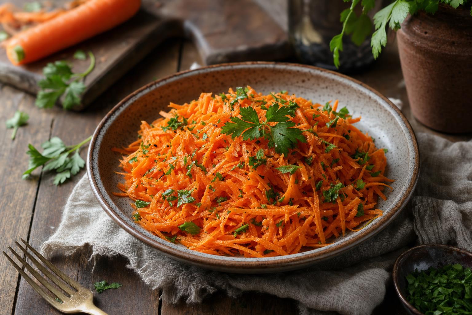 Schale mit frisch geriebenem Karottensalat, garniert mit Kräutern und Petersilie, auf Holztisch mit Apfel und Öl im Hintergrund.
