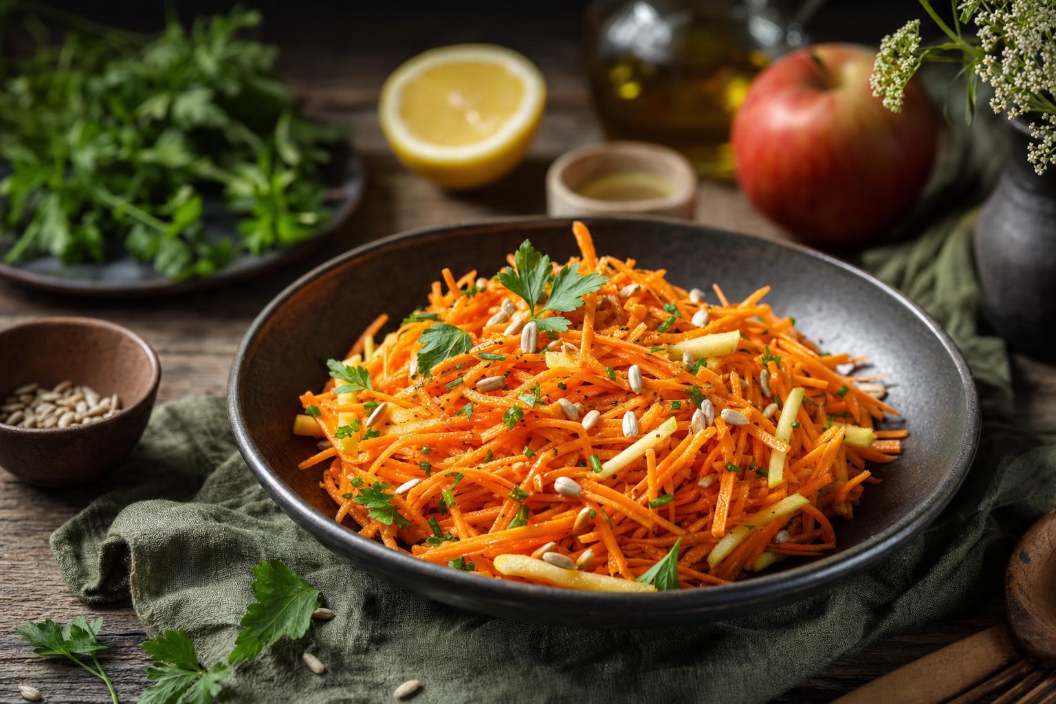 Geraspelte Karotten mit Apfelstücken, garniert mit frischen Kräutern, in einer hellen Vinaigrette angerichtet.