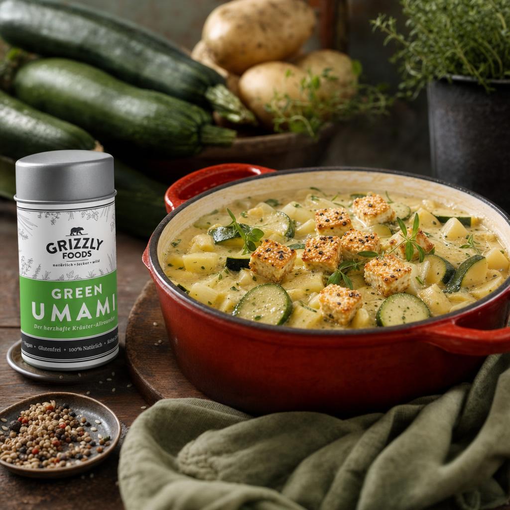 Kartoffel-Zucchini-Eintopf in rotem Topf, garniert mit goldbraunen Sesam-Hirtenkäsewürfeln, daneben frisches Gemüse und Gewürzdose.