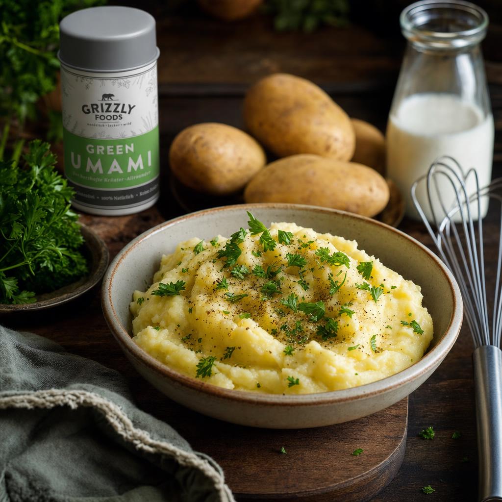 Schale mit cremigem Kartoffelbrei, bestreut mit Kräutern, daneben frische Kartoffeln, Petersilie, Milch, Gewürze und ein Schneebesen.