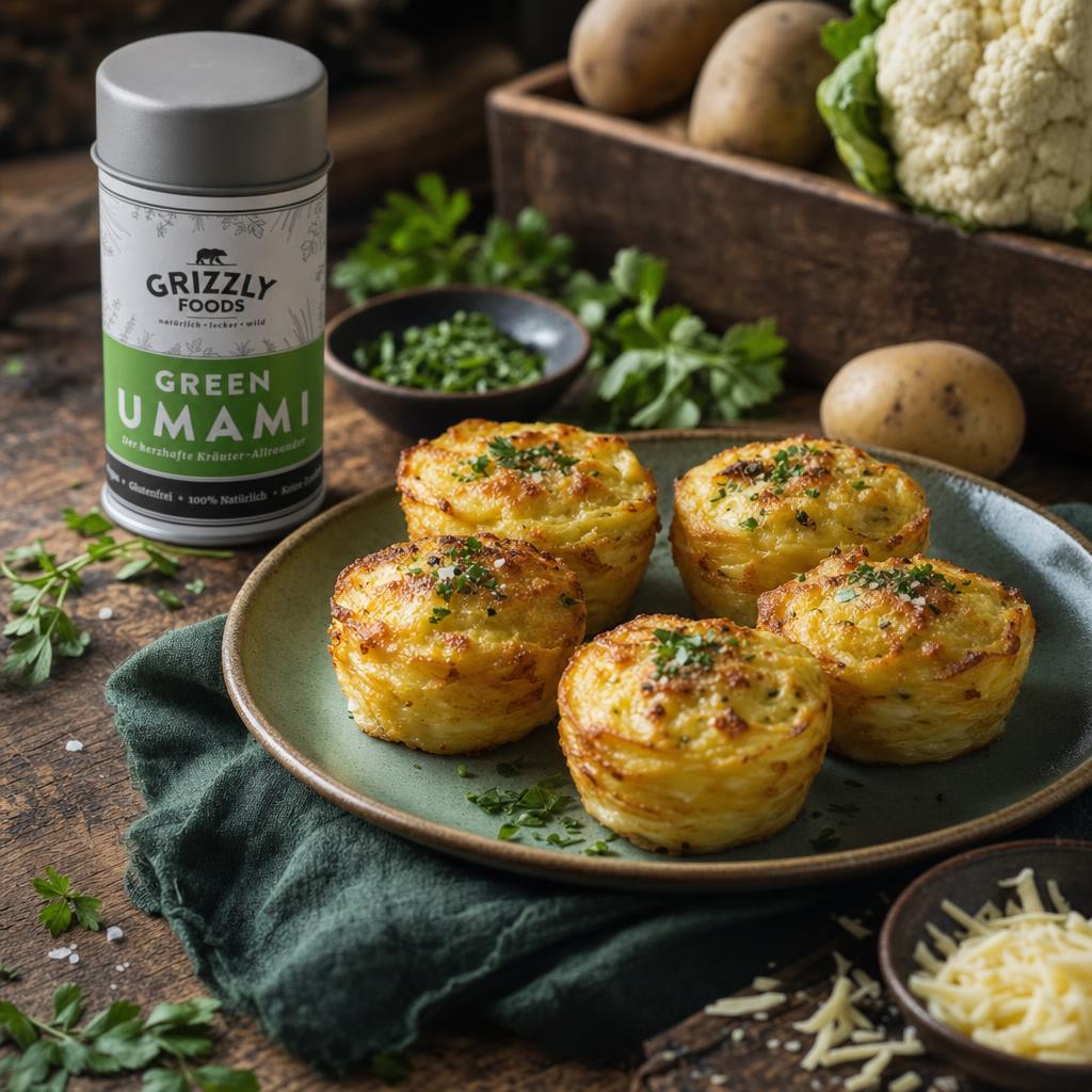 Fünf goldbraune Kartoffelgratin Muffins auf grünem Teller, umgeben von frischen Kartoffeln, Petersilie, Blumenkohl und Käse.