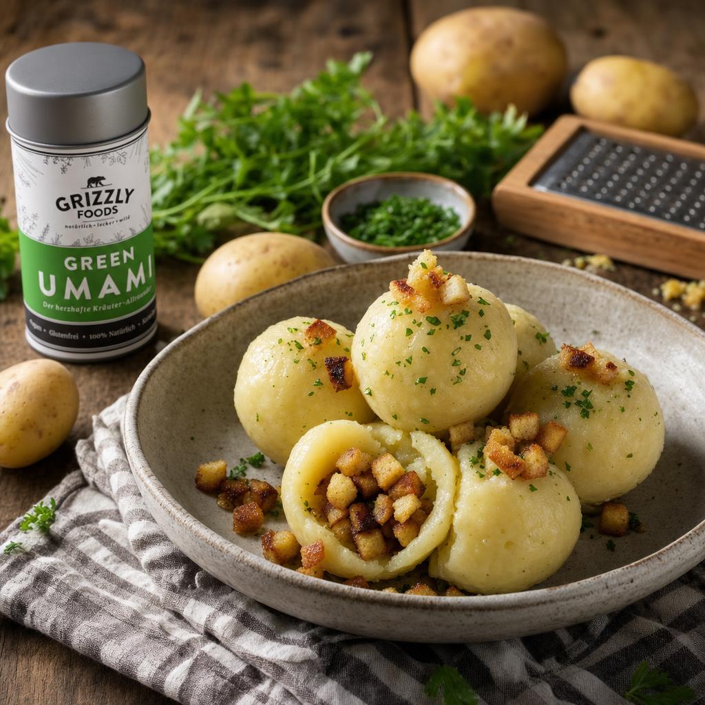 Schüssel mit Kartoffelklößen, einige aufgeschnitten mit knusprigen Croutons, umgeben von Kartoffeln, Petersilie und Küchenutensilien.