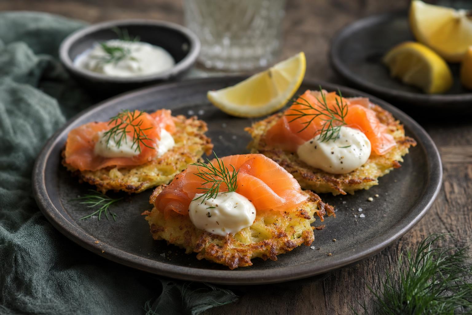 Mehrere goldbraune Kartoffelpuffer auf dunklem Teller, belegt mit Räucherlachs, Sauerrahm und Dill, dazu Zitronenspalten im Hintergrund.