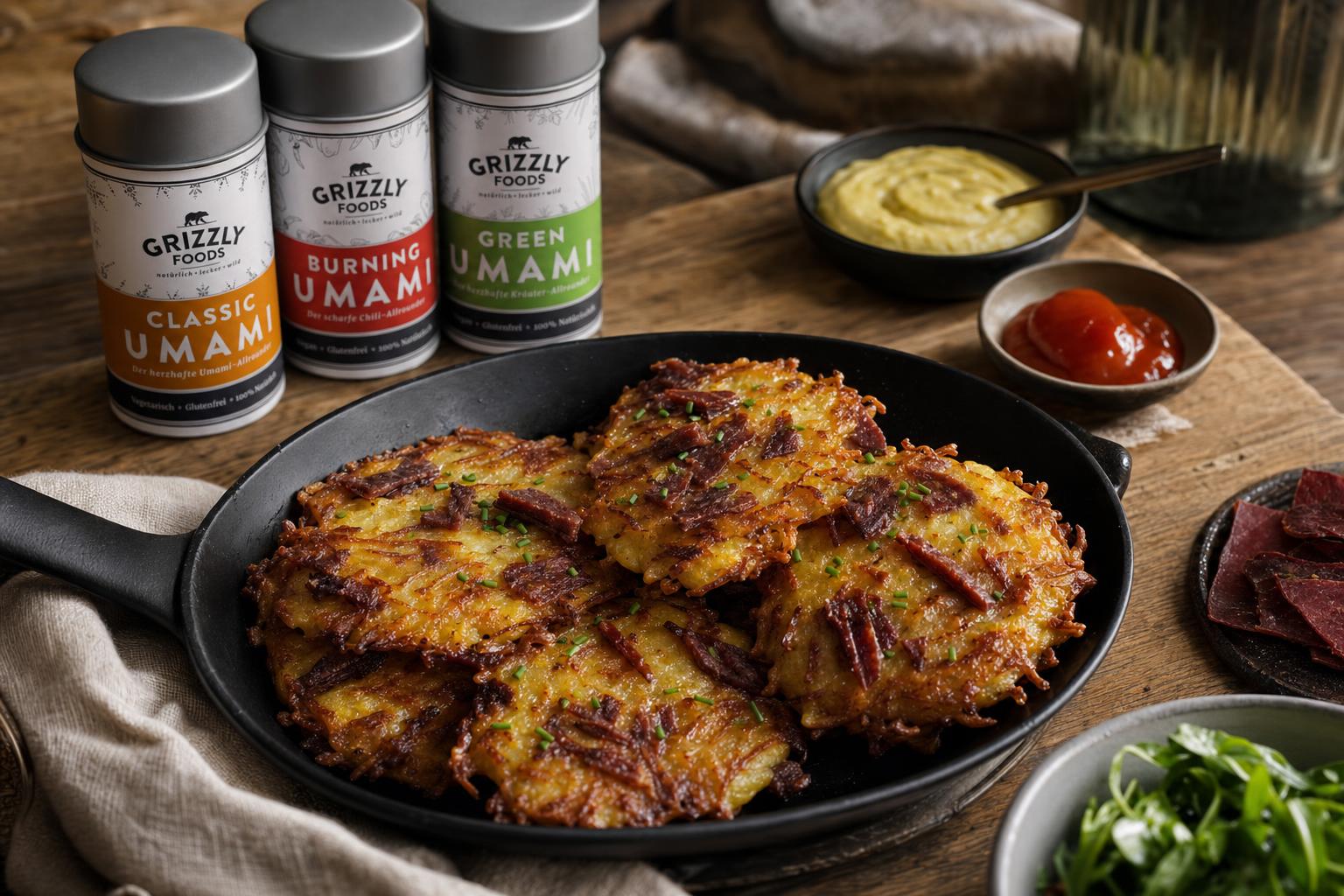 Mehrere goldbraune Kartoffelpuffer mit Beef Jerky in einer schwarzen Pfanne, dazu Ketchup und gelber Dip auf einem Holztisch.