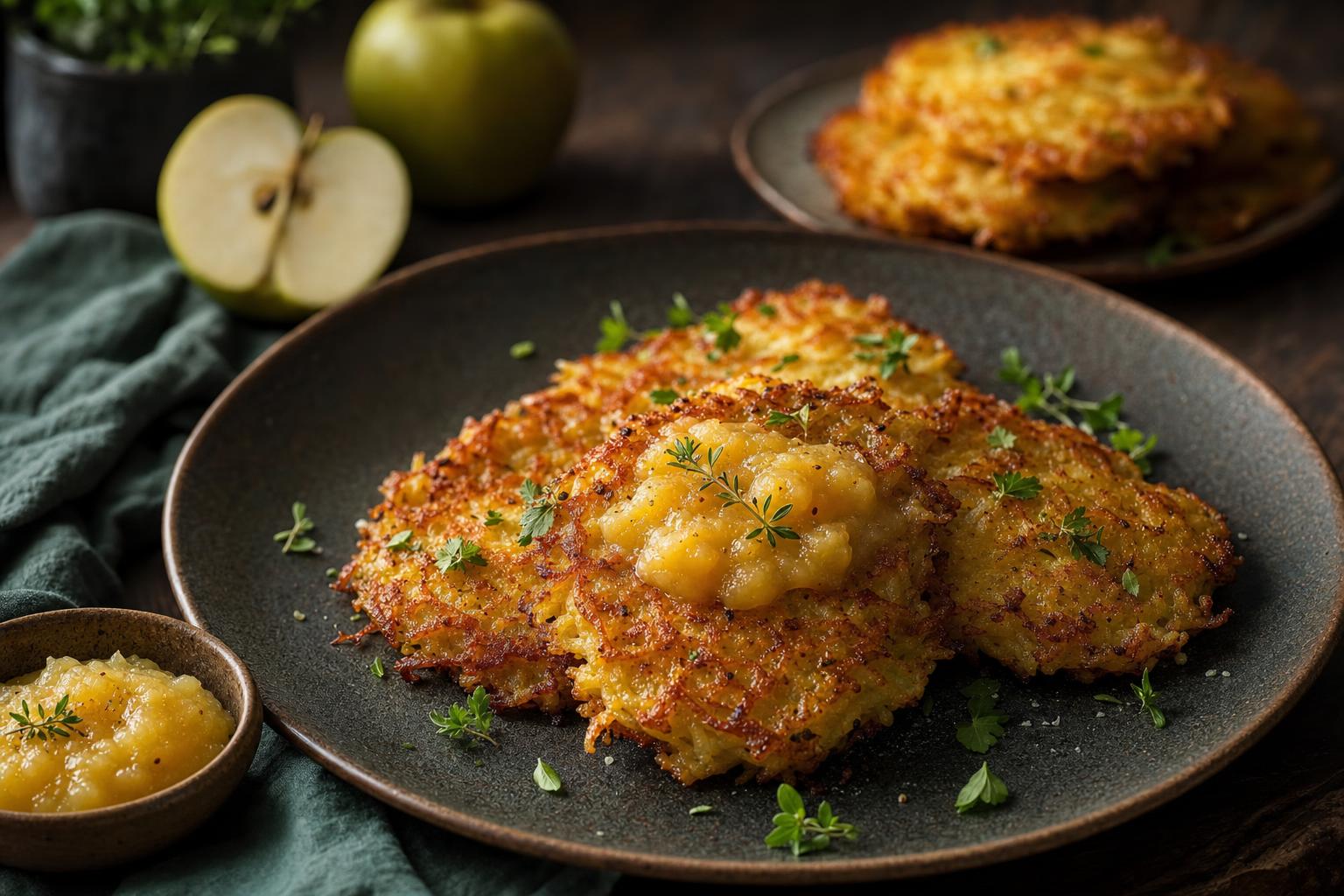Mehrere goldbraune Kartoffelpuffer auf einem dunklen Teller, mit Apfelmus und frischen Kräutern garniert, daneben Apfel und weitere Puffer.