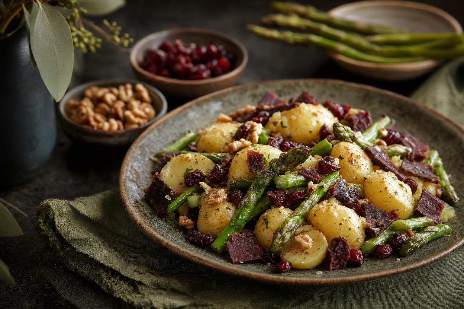 Kartoffelsalat mit grünem Spargel, Beef Jerky, Walnüssen und Cranberrys auf einem weißen Teller angerichtet