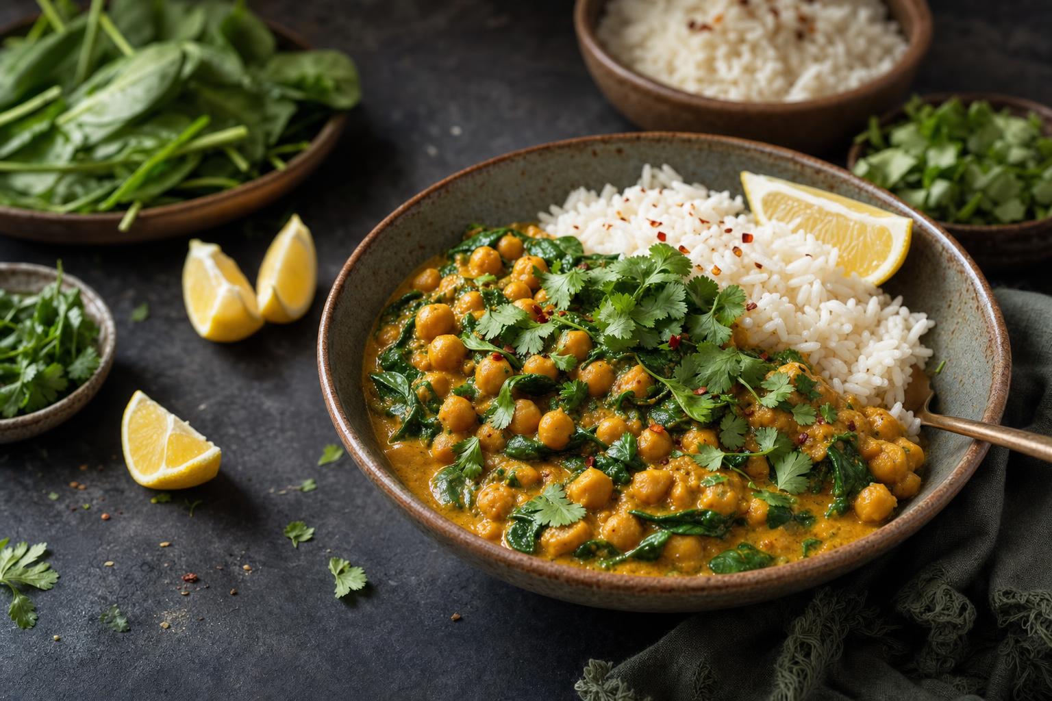 Schale mit Kichererbsen-Curry und Spinat, garniert mit Koriander, dazu Reis, frischer Spinat, Zitronenspalten und Kräuter auf dunklem Tisch.