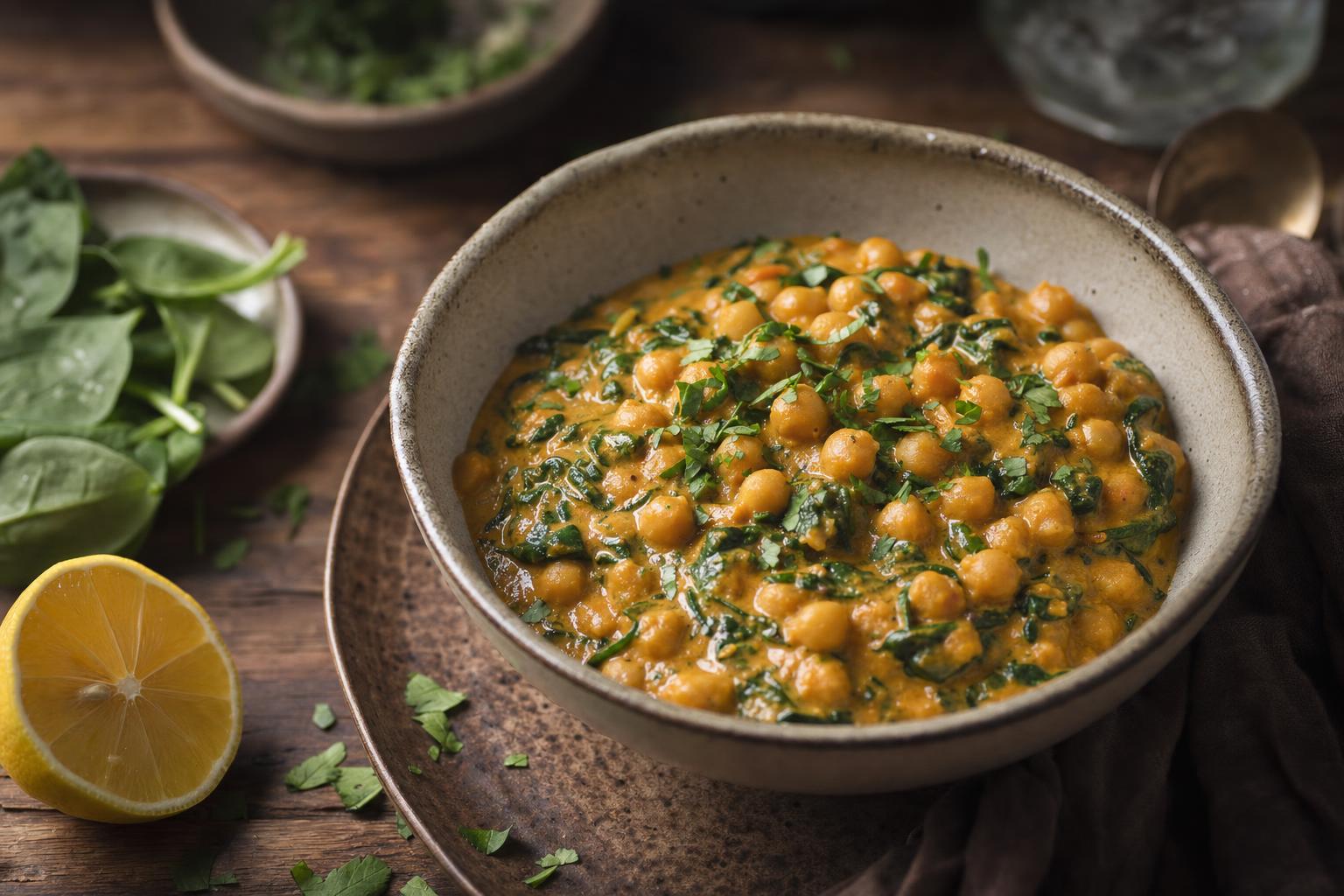 Schale mit cremigem Kichererbsen-Curry, frischem Spinat und Kräutern, daneben Zitronenhälfte und lose Blätter auf rustikalem Tisch.