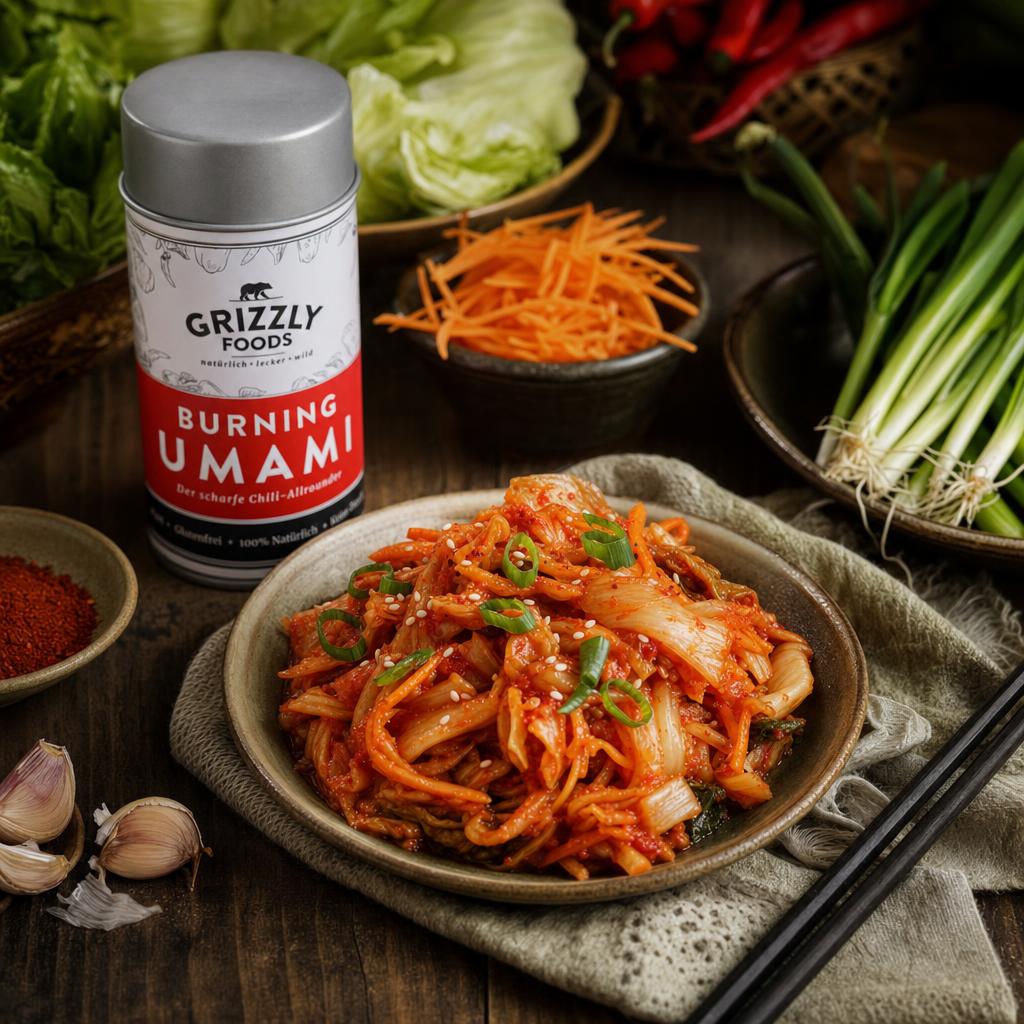 Schale mit leuchtendem Kimchi, garniert mit frischen Kräutern, daneben Karotten, Frühlingszwiebeln, Salat, Chili, Knoblauch und Gewürzdose.