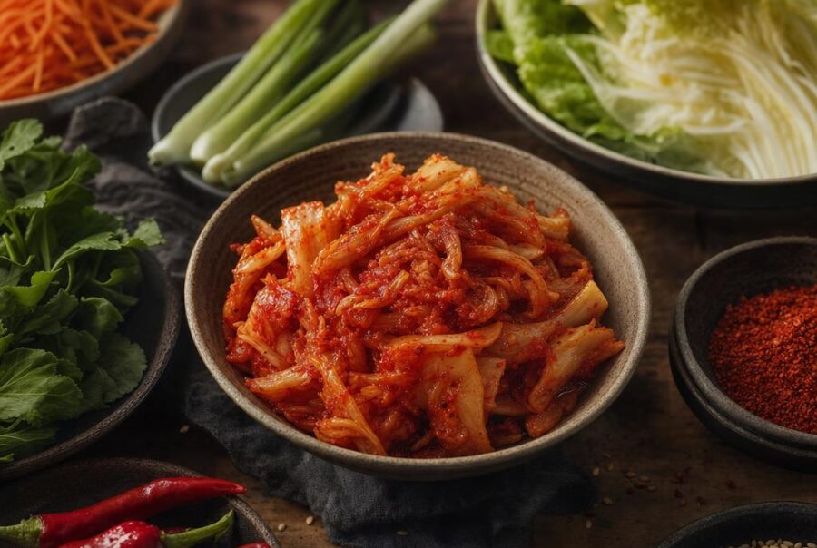 Schale mit Kimchi auf Holztisch, umgeben von frischem Gemüse, Kräutern, Chili, Gewürzen und Stäbchen, in hellem Tageslicht.