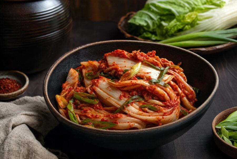 Frisch zubereitetes Kimchi aus Chinakohl mit roter Chilipaste und Frühlingszwiebeln, detailreich und appetitlich angerichtet.