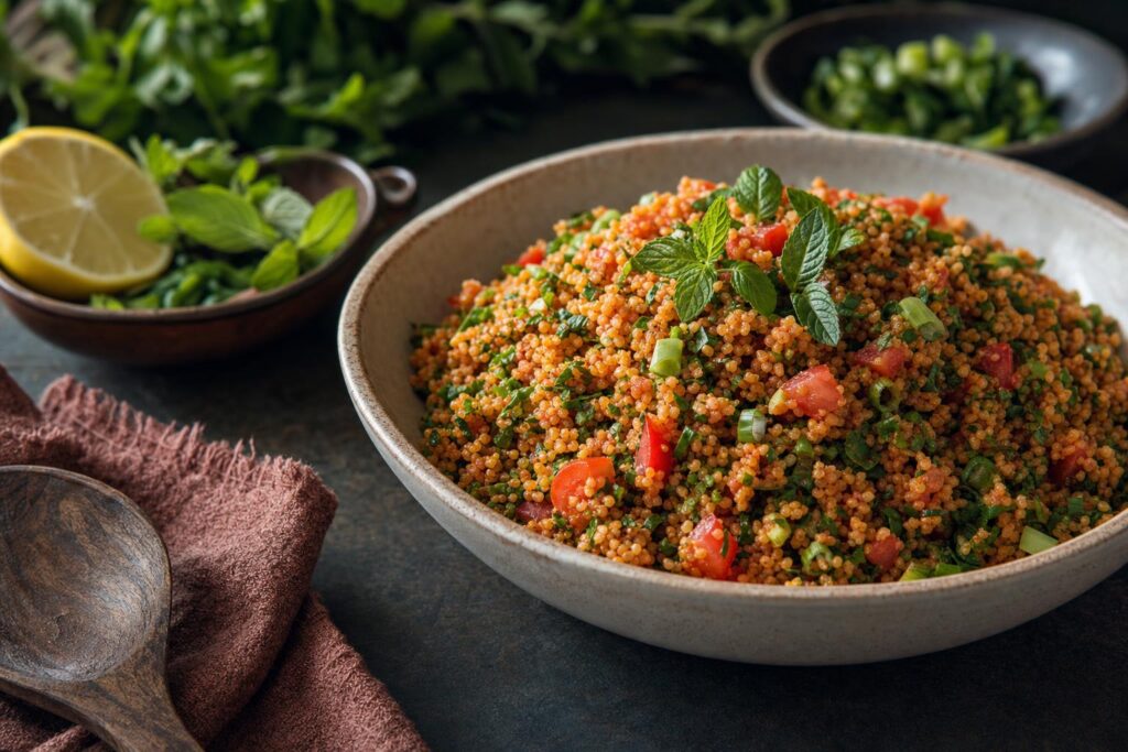 Bunte Schüssel mit türkischem Bulgursalat Kisir aus Bulgur, Tomaten, Petersilie und Frühlingszwiebeln auf dunklem Untergrund.