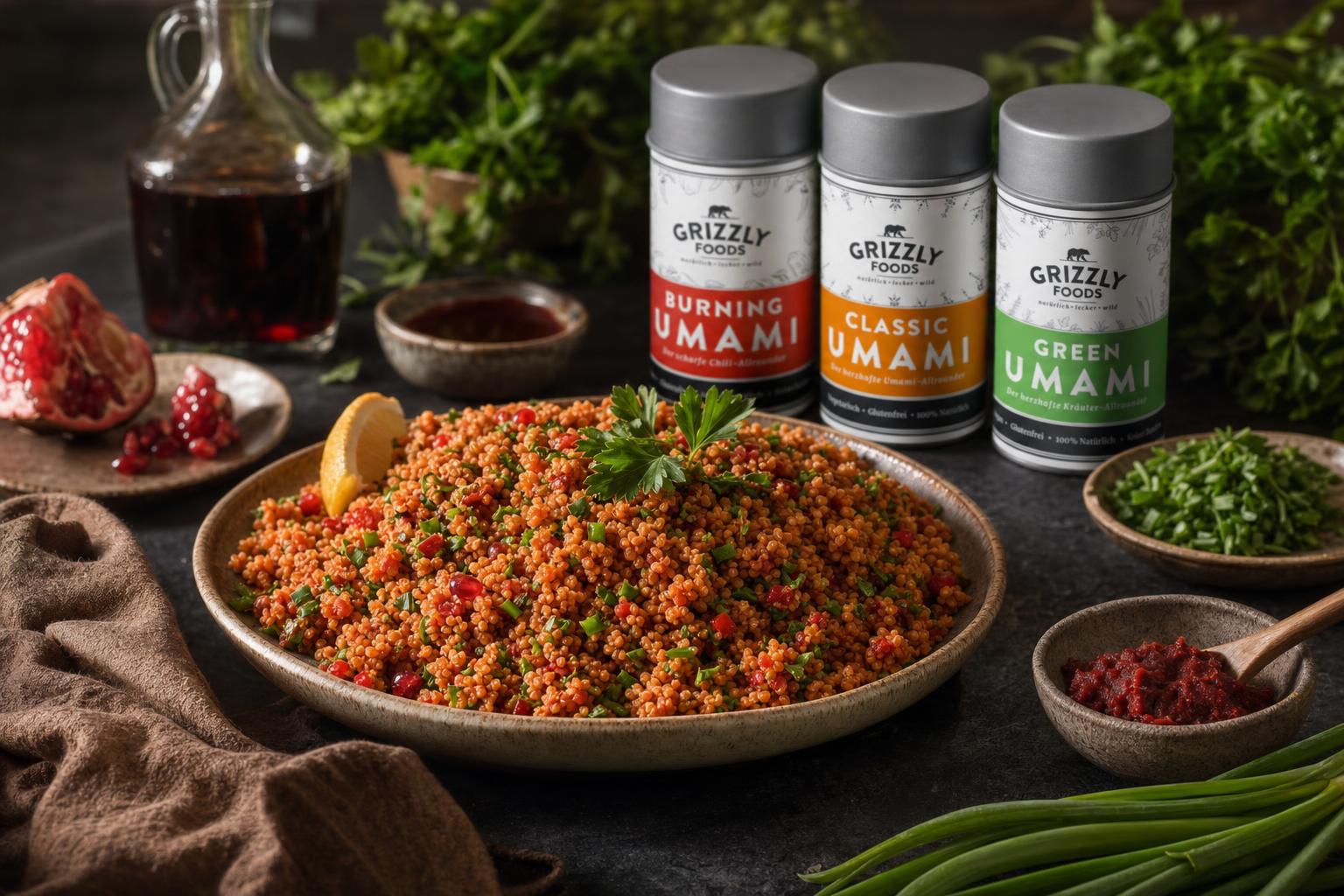Türkischer Bulgursalat mit Tomaten- und Paprikamark, frischen Kräutern, Gurken- und Tomatenstücken auf einem Teller angerichtet.