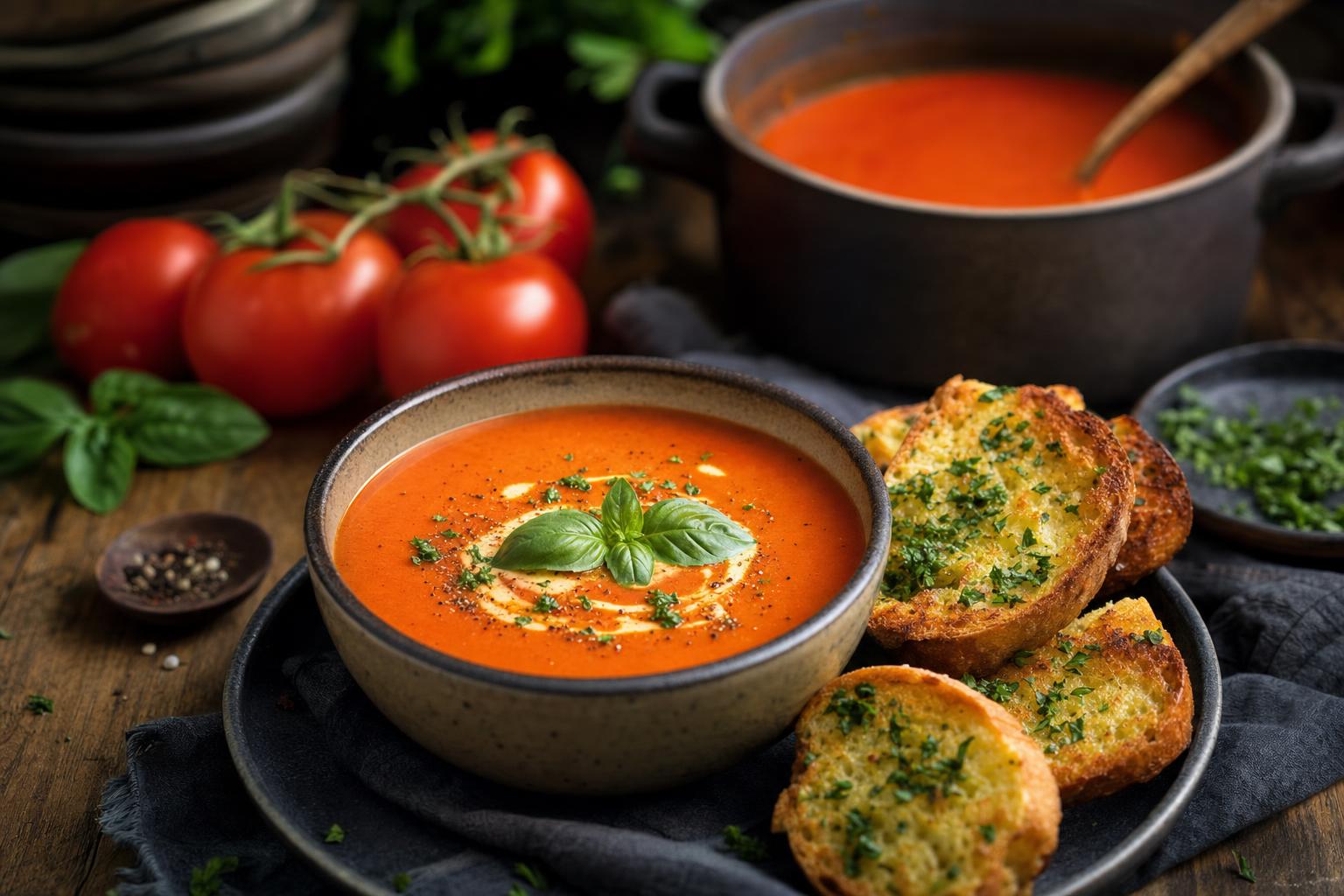Cremige Tomatensuppe mit frischem Basilikum serviert, dazu knuspriges Knoblauchbaguette, im Hintergrund frische Tomaten und Suppenkännchen.