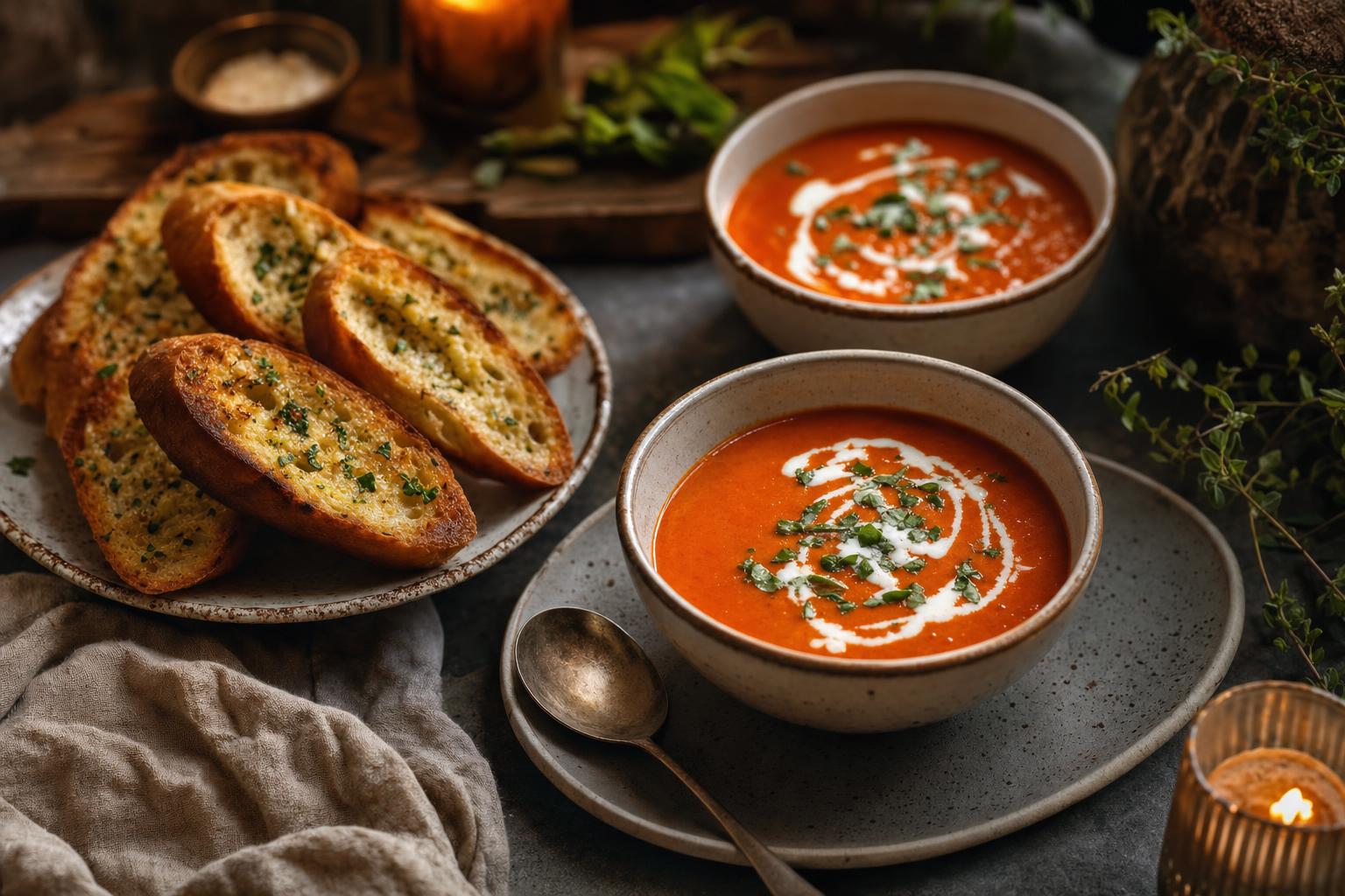 Zwei Schalen Tomatensuppe mit Kräutern und Sahne, dazu Scheiben Knoblauchbaguette auf einem Teller, stimmungsvolles Kerzenlicht.
