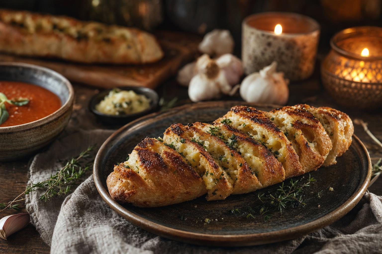 Frisch gegrilltes Knoblauchbaguette mit goldbrauner Kruste und cremiger Füllung auf rustikalem Teller, im Hintergrund Kerzenlicht.