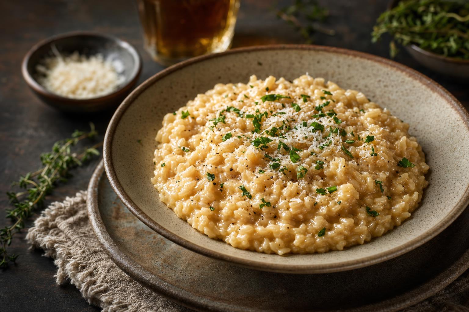 Cremiges Risotto in brauner Schale, bestreut mit frischer Petersilie und geriebenem Käse, serviert in warmer, einladender Atmosphäre.