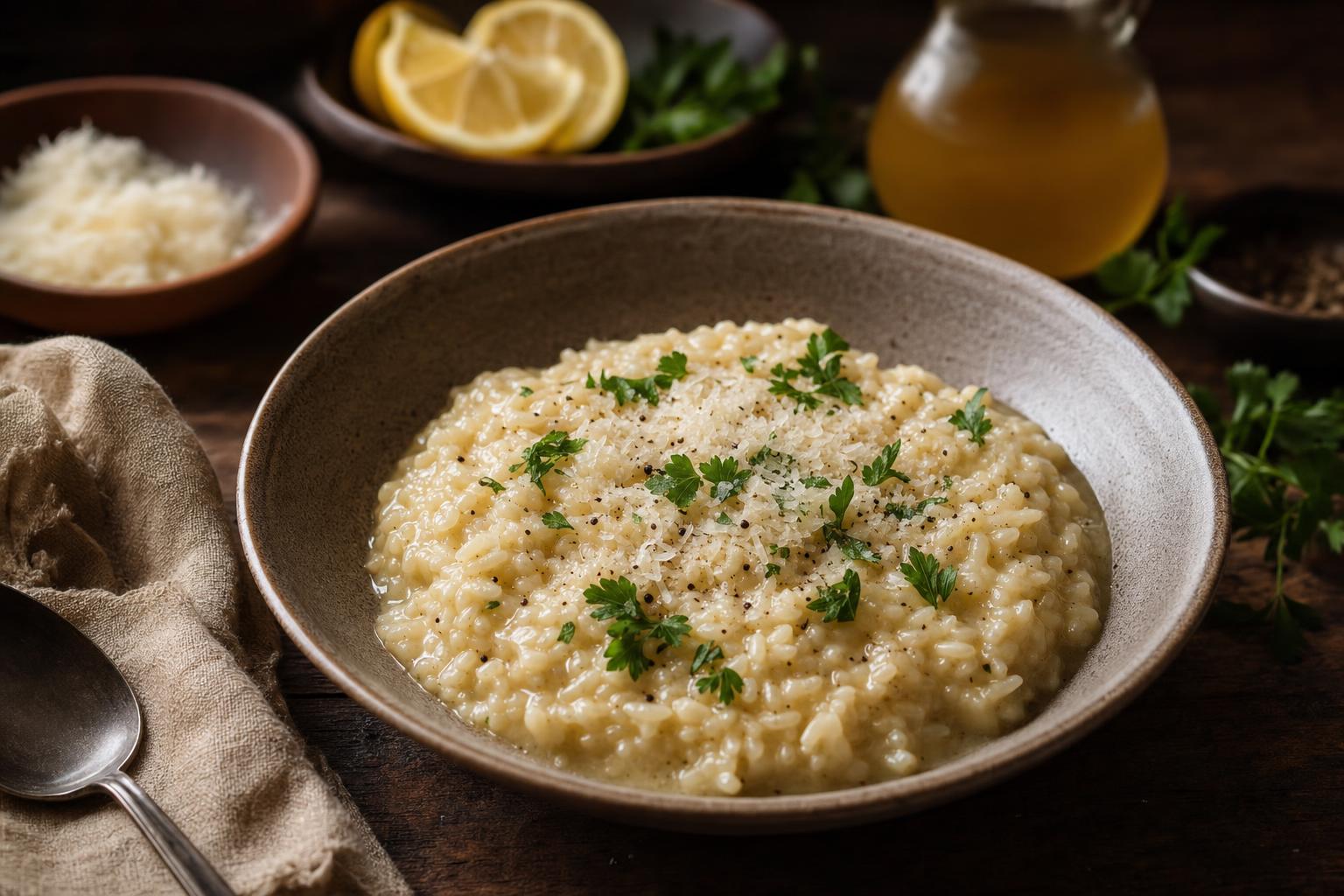 Eine Schale cremiges Risotto, garniert mit frischer Petersilie und geriebenem Käse, serviert in rustikalem Geschirr auf Holztisch.