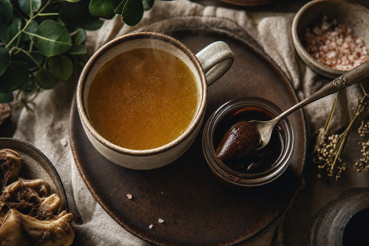 Keramiktasse mit goldener Knochenbrühe neben einem Glas mit dunklem Konzentrat, Löffel entnimmt eine Portion, leichter Dampf sichtbar