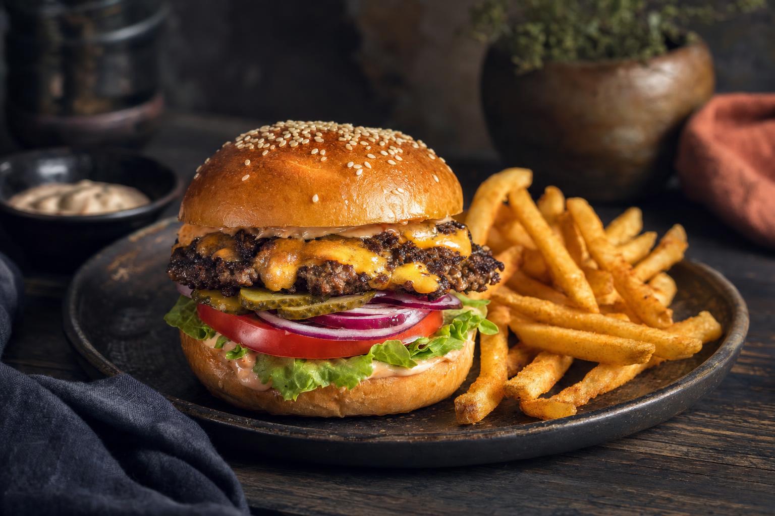 Smashburger mit geschmolzenem Käse, Salat, Tomate, Zwiebel und Gurke im Sesambrötchen, dazu Pommes und Dip auf dunklem Teller.