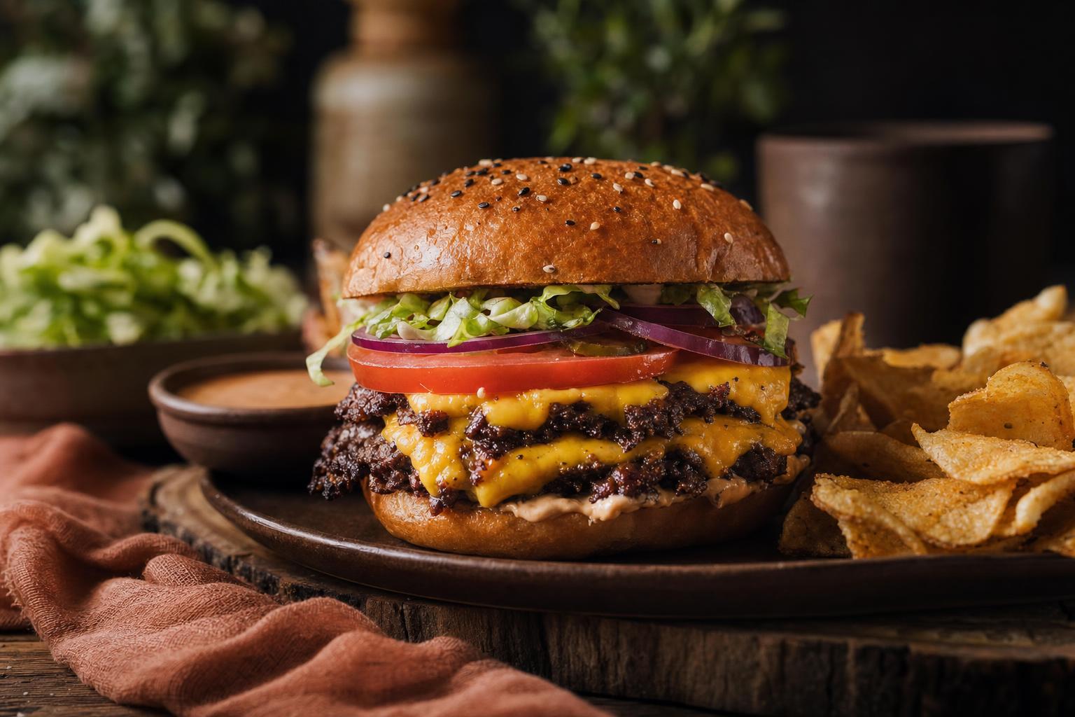 Doppelter Smashburger mit geschmolzenem Käse, Salat, Tomate, Zwiebel und Sauce im Brötchen, serviert mit knusprigen Kartoffelchips.