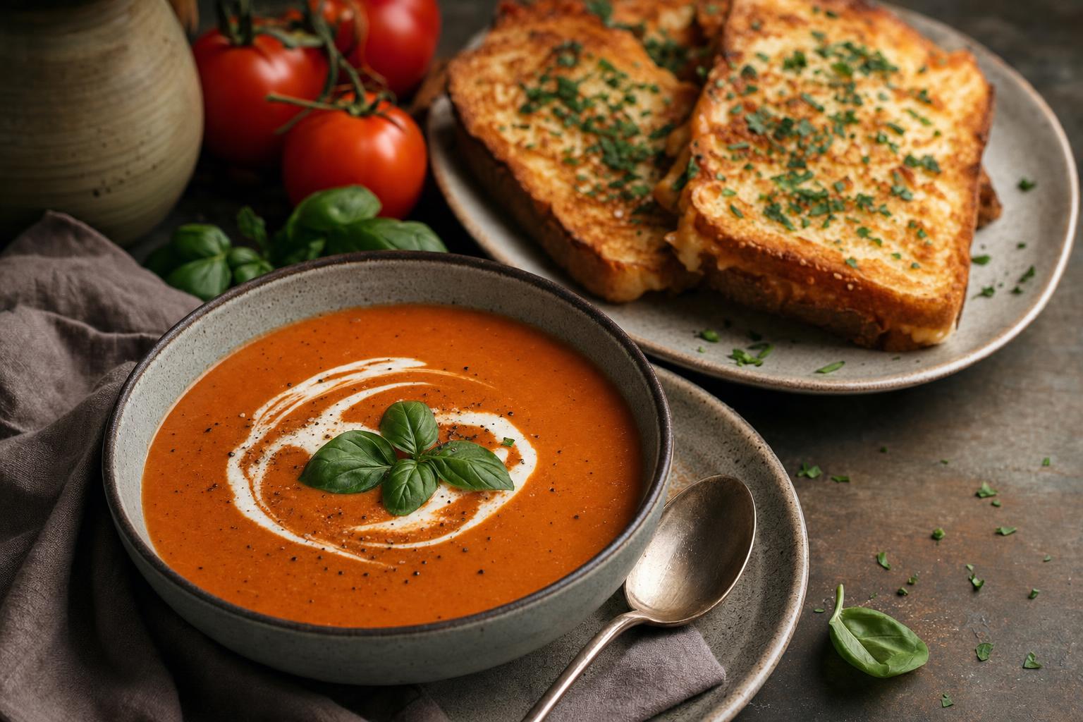 Cremige Tomatensuppe mit Sahne und Basilikum, dazu goldbraune Käsetoastscheiben auf einem Teller, frische Tomaten im Hintergrund.