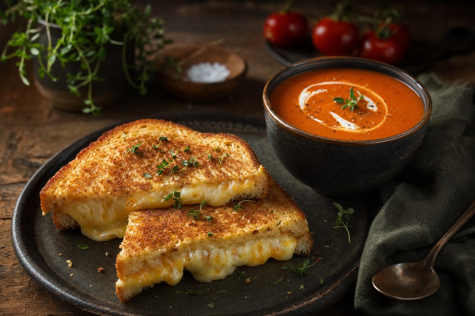 Knuspriges Käsetoast mit geschmolzenem Käse auf dunklem Teller, daneben eine Schale Tomatensuppe in rustikalem Geschirr.