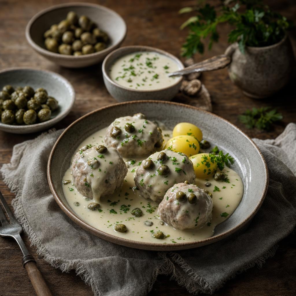 Königsberger Klopse mit heller Kapernsauce auf einem dunklen Teller, dazu Schälchen mit Kapern, Sauce und frischer Petersilie.