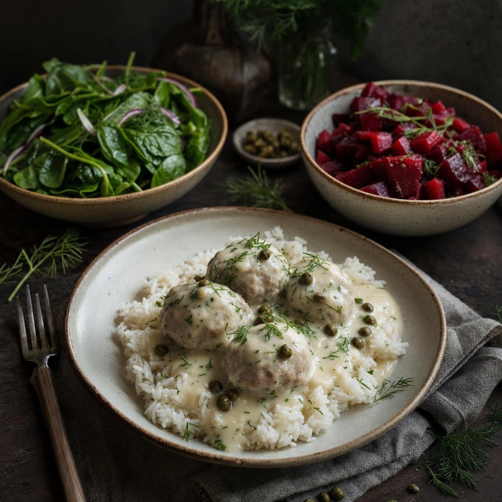 Königsberger Klopse mit cremiger Kapernsauce auf weißem Reis, garniert mit frischen Kräutern, serviert auf rustikalem Geschirr.