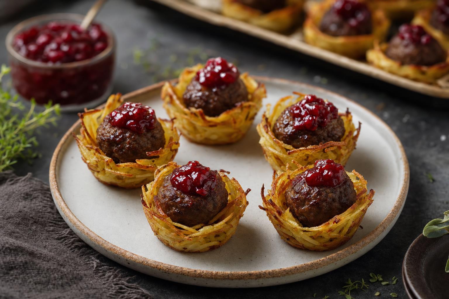 Fünf herzhafte Muffins mit Kartoffelschale, darin je eine Fleischbällchen, oben Preiselbeersauce, auf weißem Teller angerichtet.