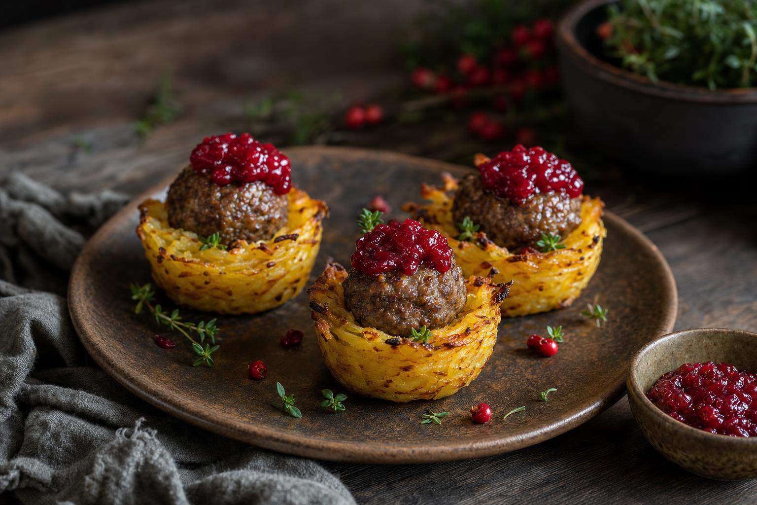 Köttbullar-Muffins mit je einem Fleischbällchen und einem Klecks Preiselbeermarmelade obenauf, serviert auf einem Teller
