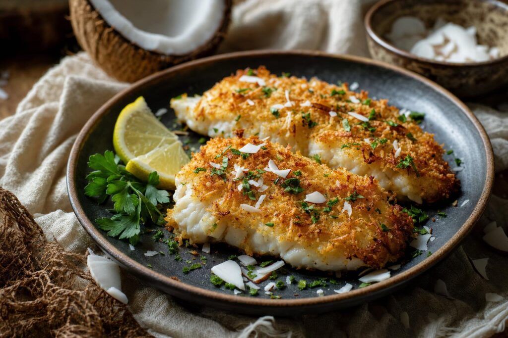 Zwei goldbraune Fischfilets mit Kokospanade auf rustikalem Teller, garniert mit Kräutern, Kokosraspeln und Zitronenscheiben.