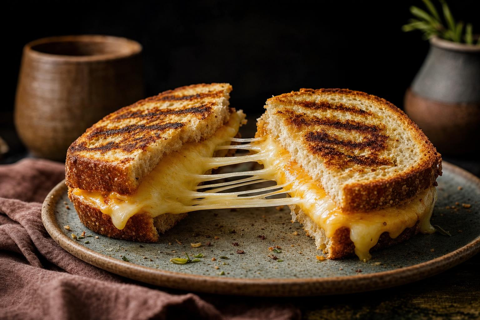 Kontaktgrill Panini – Halbiertes Grilled-Cheese-Sandwich mit langem Käsefaden und Grillstreifen auf rustikalem Brot vor dunklem Hintergrund