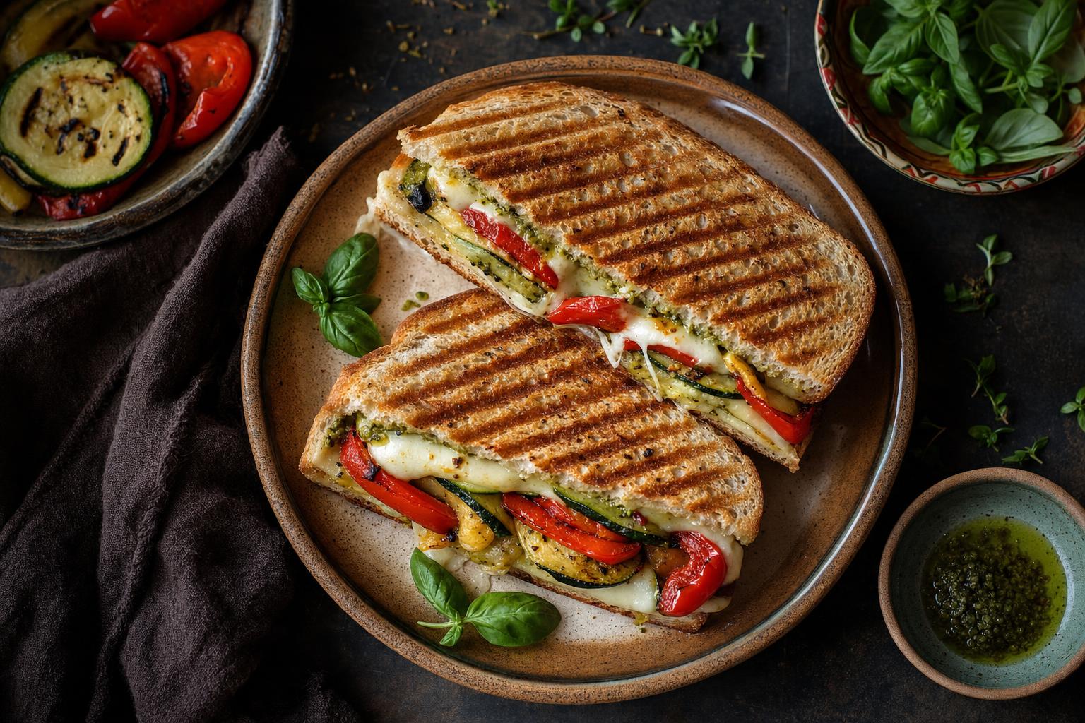 Kontaktgrill Panini – Vegetarisches Panini mit gegrillter Paprika, Zucchini und geschmolzenem Käse, mit Grillstreifen, von oben fotografiert.