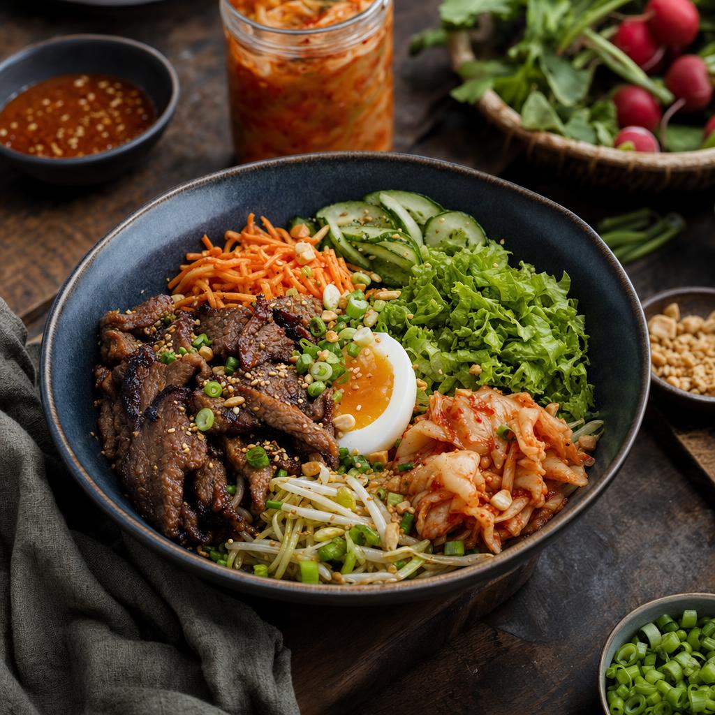 Koreanische Bowl mit Rindfleisch, Karotten, Salat, Ei, Kimchi, Nüssen und Frühlingszwiebeln, garniert mit Sesam in blauer Schale.
