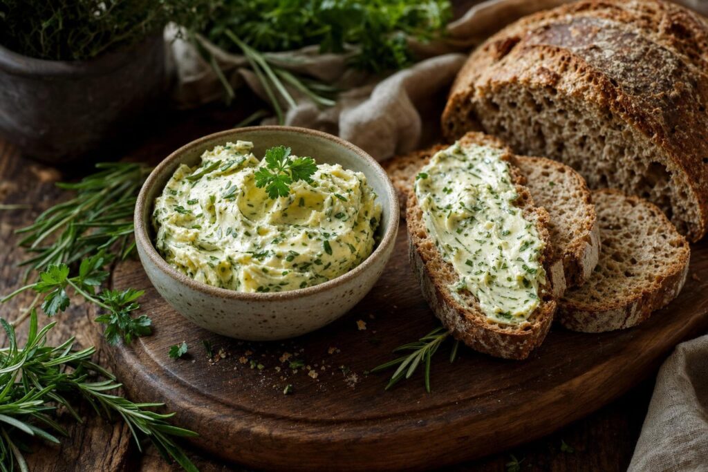 Schale mit cremiger Kräuterbutter auf Holzbrett, umgeben von frischer Petersilie, Rosmarin und rustikalem Vollkornbrot mit Butter.