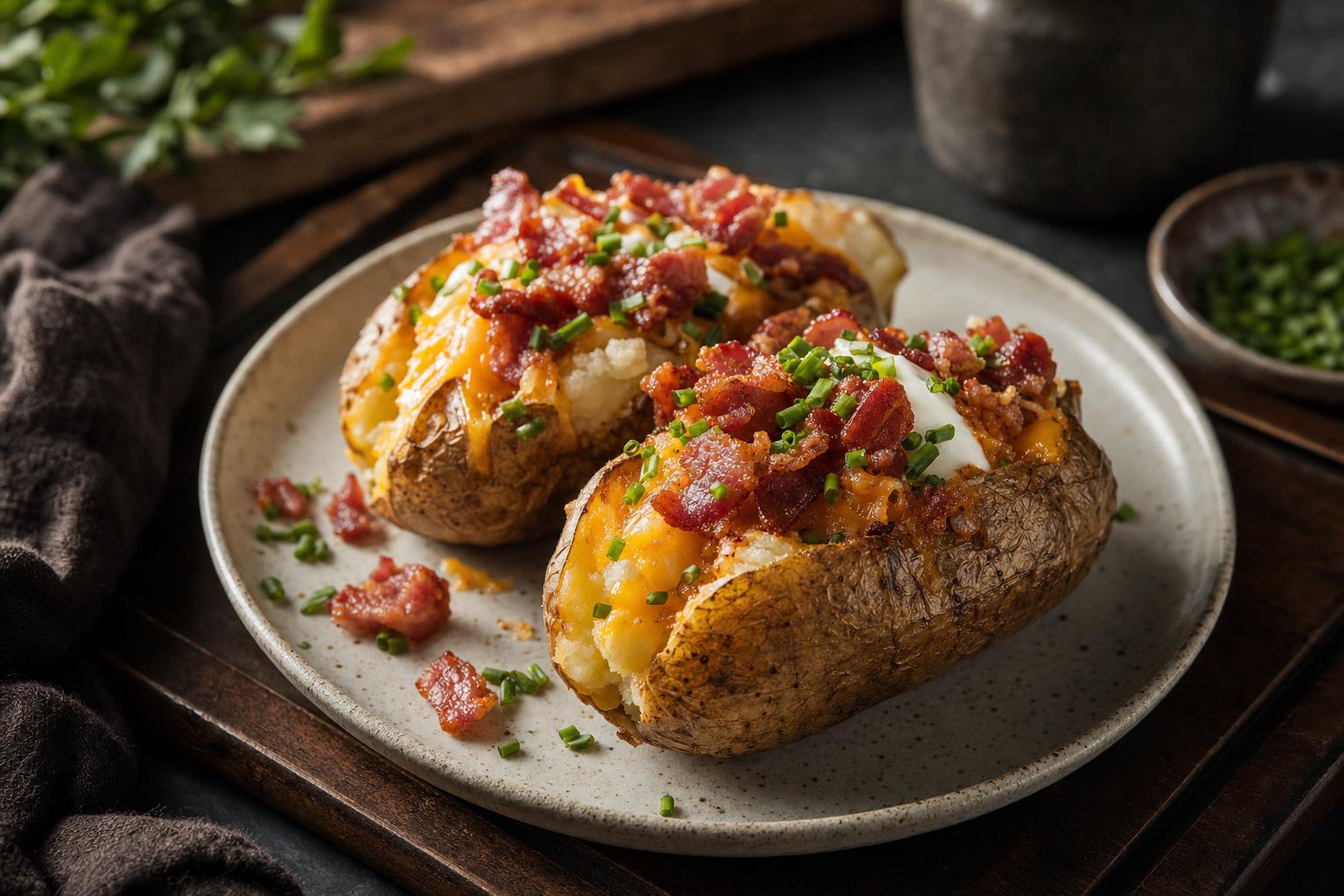 Ofenkartoffeln aufgeschnitten, belegt mit geschmolzenem Käse, knusprigem Bacon und Schnittlauch, serviert auf Holzbrett mit frischen Kräuter