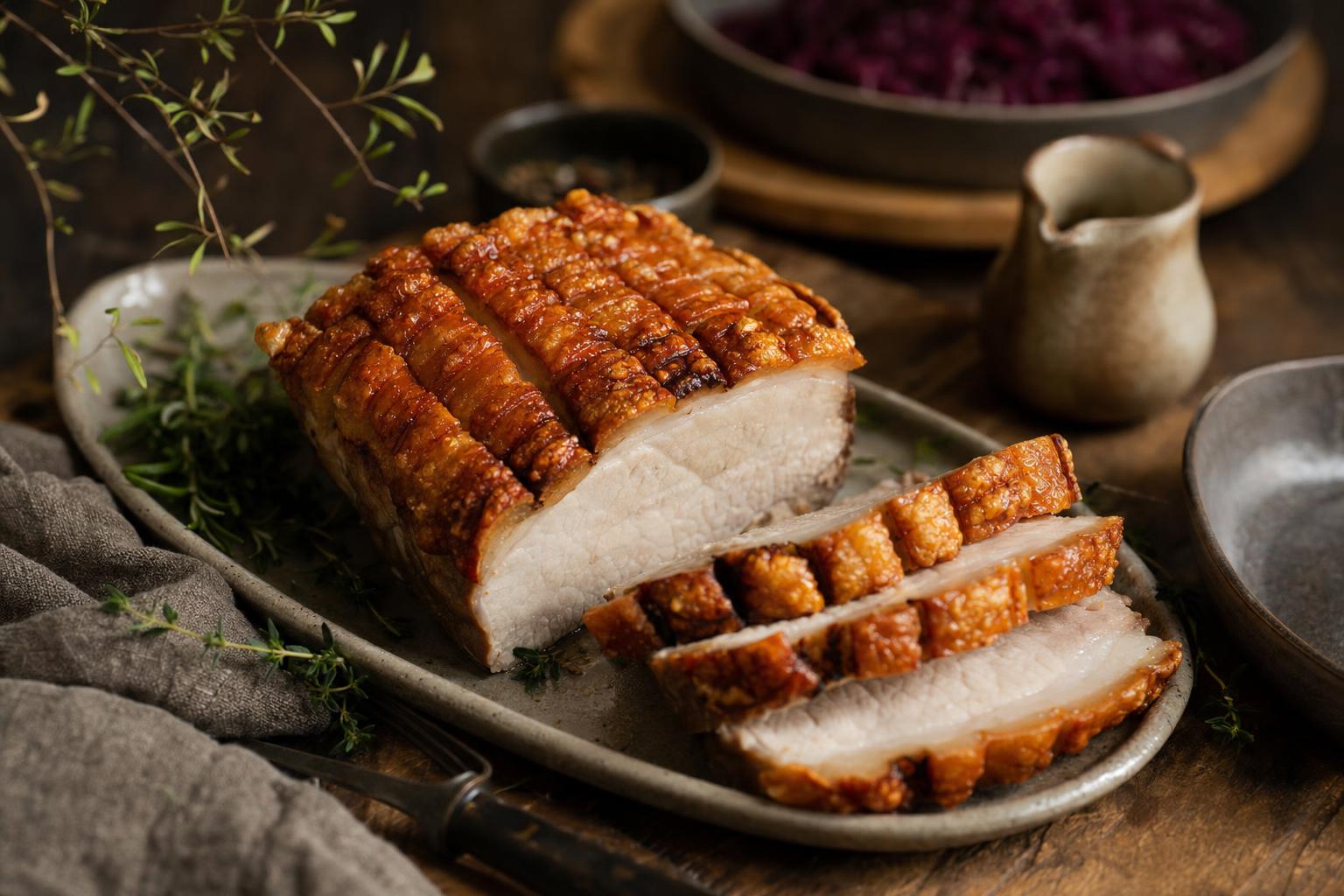 Aufgeschnittener Schweinekrustenbraten mit goldbrauner, knuspriger Kruste auf Holzbrett, saftiges Fleisch und einige Scheiben im Vordergrund