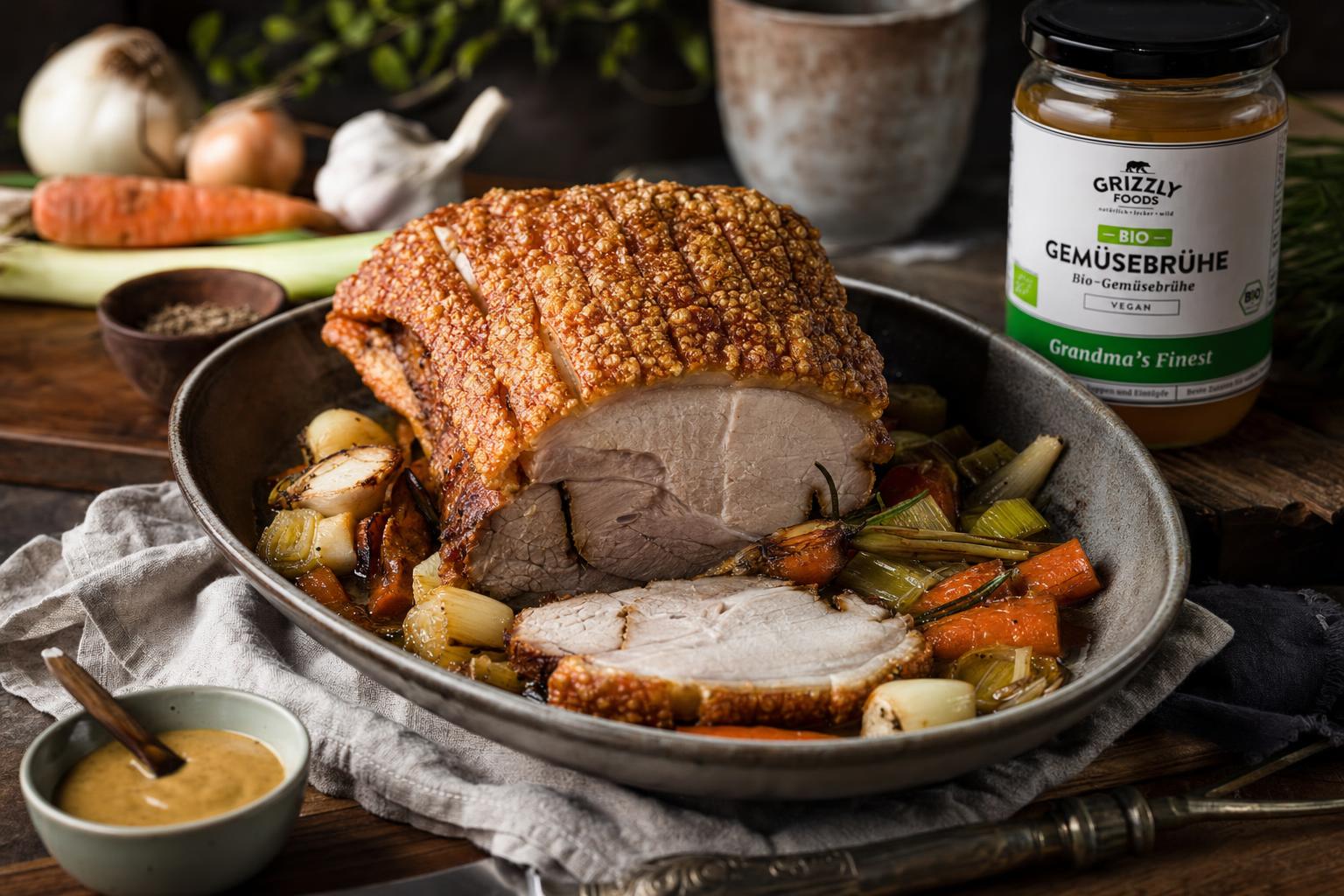 Krustenbraten mit knuspriger Schwarte, serviert auf Bratensauce, dazu gebackenes Gemüse wie Möhren, Lauch und Zwiebeln.