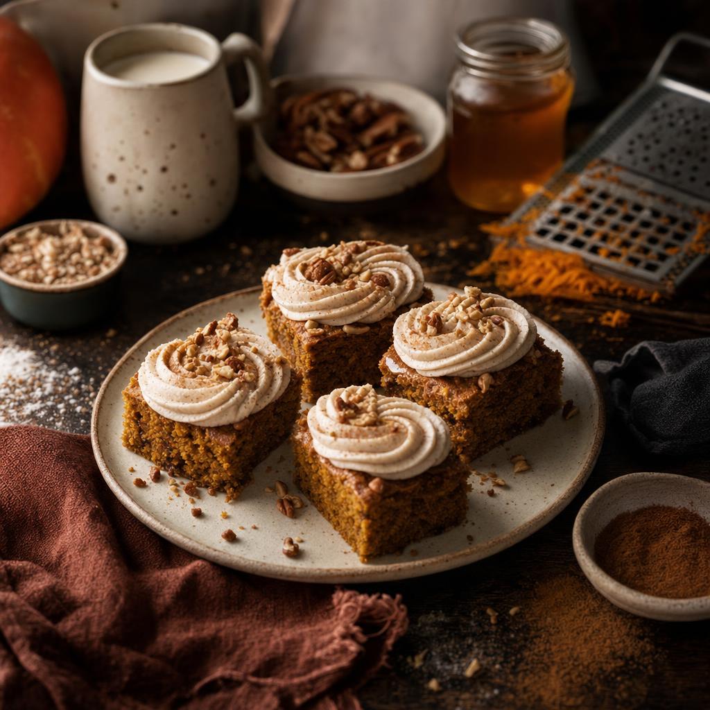 Mehrere Stücke Kürbis-Brownies mit Zimtfrosting auf Holzbrett, umgeben von Nüssen, Milch, Honigglas und Backutensilien.