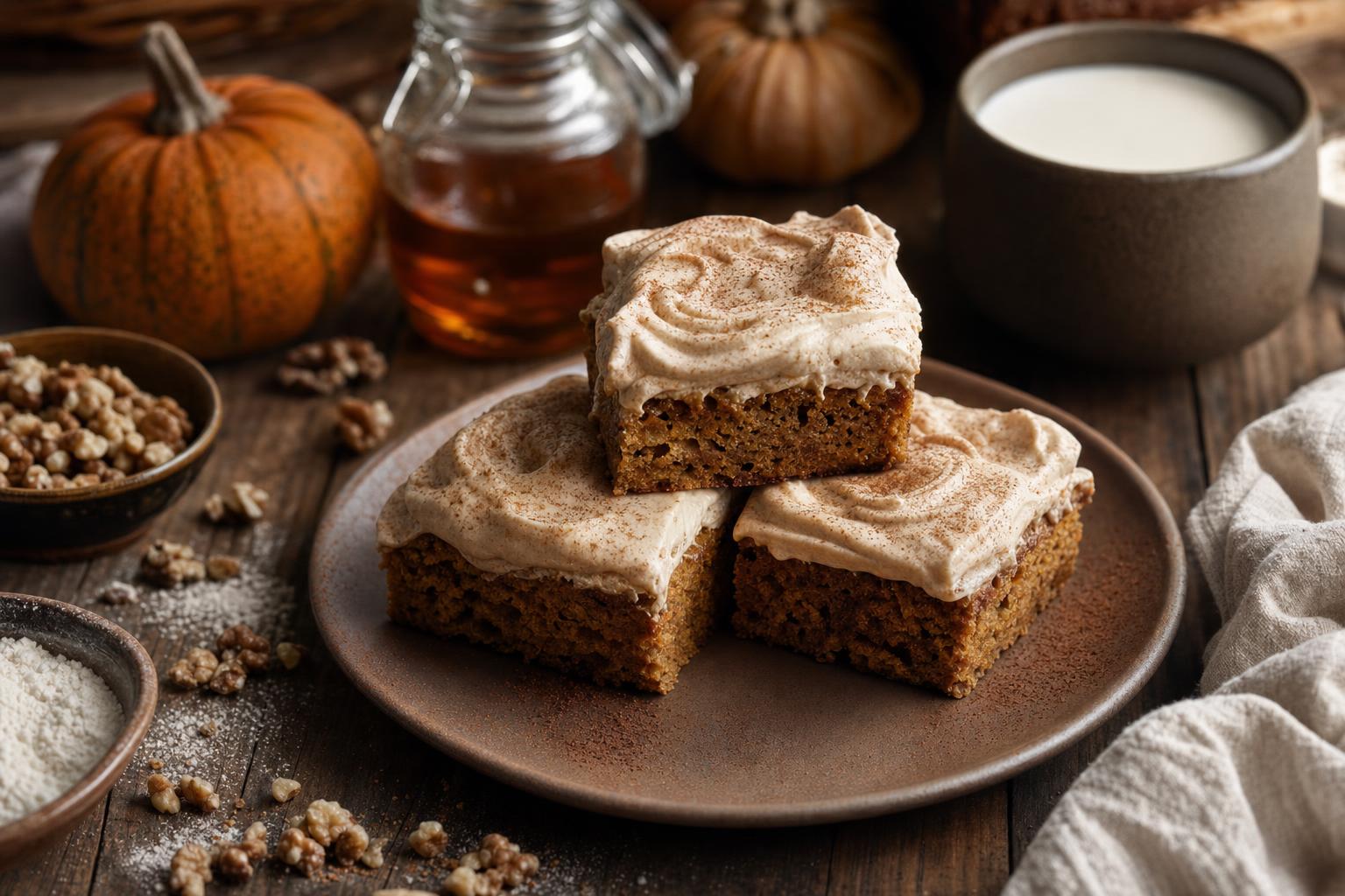 Hand hält einen Kürbis-Brownie mit Zimtfrosting und Sirup, daneben weitere Brownies, Nüsse, Mehl und eine Tasse Milch auf Holztisch.